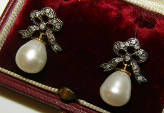 Exceptional,  Vintage,  Antique Style 18 Ct Gold Bow Earrings / Pearl & Diamonds
