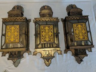 Set Of 3 Vtg Gothic Spanish Revival Glass & Brass Wall Sconces Lights