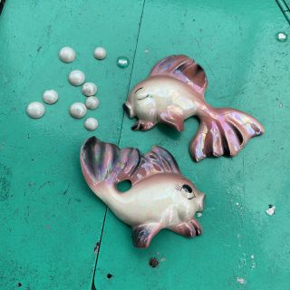 2 Vintage Pink Fish With Lashes & Bubbles Wall Plaque Wall Hanging Mcfarlin