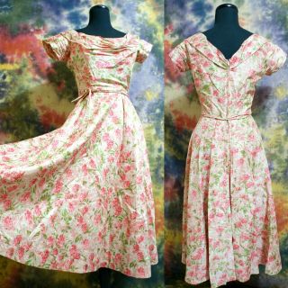 Ceil Chapman Silk Taffeta Floral Cocktail Dress Vintage 50s Pleated Back Skirt