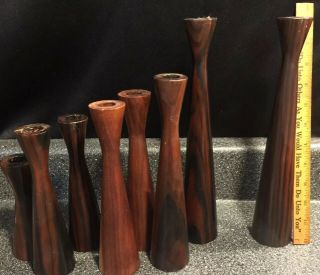 8 Vintage Mid - Century Modern Teak? Wood Candle Holders Rare