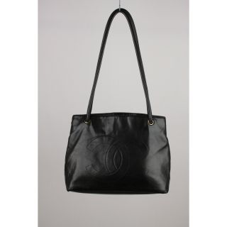 Authentic Chanel Vintage Black Leather Tote Shoulder Bag With Cc Logo