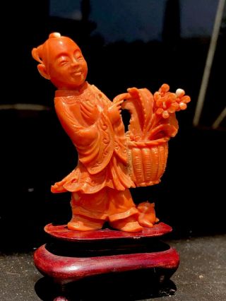 Antique Chinese Momo Coral Statue Carved Figure Of A Boy With A Squirrel