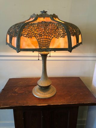 Antique 6 Panel Double Curved Slag Glass Filagree Table Lamp