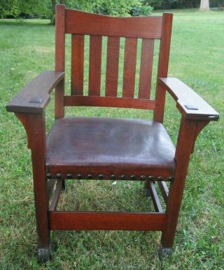 Antique Oak Mission Arts Craft Gustav Stickley Leather Seat Chair