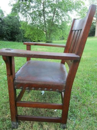 Antique Oak Mission Arts Craft GUSTAV STICKLEY Leather Seat Chair 9