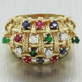 Vintage Estate 18k Solid Yellow Gold Diamond & Gemstone Band Ring
