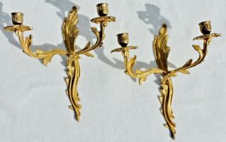 Large 13 " Antique/vtg Pair Solid Brass Flower Candle Holder Wall Sconces 5286