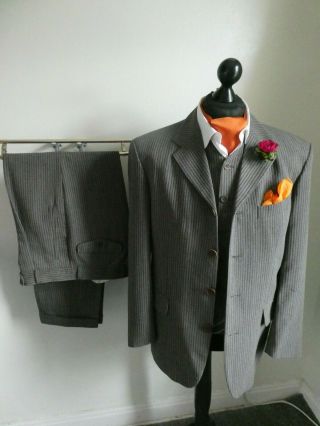 Obvious Vintage 3 Piece 4 Button Brown Striped Wool Suit 40 - 32w - 30l Trs