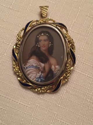 18ct Gold Diamond And Hand Painted Miniature Portrait Brooch/pendant Very Rare