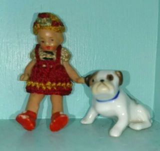 Antique Germany Doll Girl Miniature Tiny Jointed Hertwig & Bulldog Pair