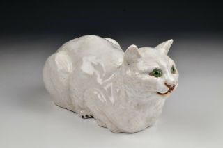 French Faience Cat Figurine / Statue With Green Glass Eyes 19th Century