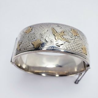 Vintage S & P Hinged Bangle Bracelet Sterling Silver With Gold Swallows Swifts