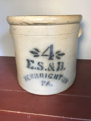 Antique Vintage 4 Gallon E.  S.  & B Stenciled Stoneware Crock Brighton,  Pa.