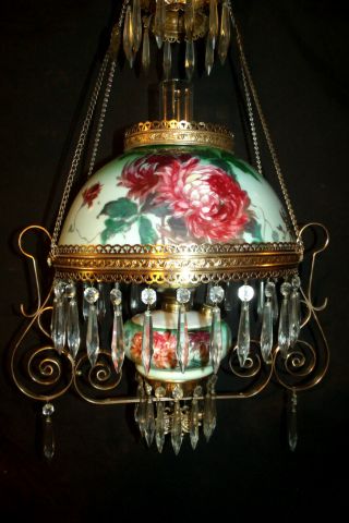 Antique Miller Hanging Oil Lamp (red Floral Shade & Font)