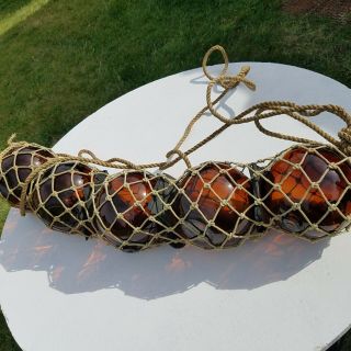 Japanese Amber Glass Floats Antique Netted Five 6 Inch Fishing Balls Vintage