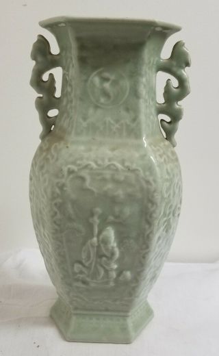 Antique Republic Style Chinese Celadon Vase Shoulao Daoist 20th Century