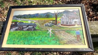 Antique Vtg Folk Art Oil Painting 711 Primitive Steam Train & Model T Car,  Nr