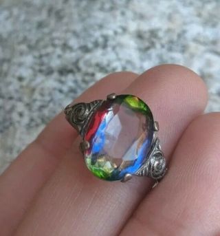 Vintage Antique Art Deco 835 Silver Faceted Iris Glass Ring Size 6