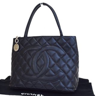 Authentic Chanel Cc Logo Shoulder Bag Caviar Skin Leather Black Vintage 65et287