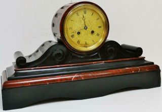 Antique French 8 Day Slate & Red Marble Bell Striking Drumhead Mantel Clock