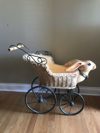 Antique Wood Carved Bunny Rabbit Doll Buggy Carriage Stroller Wicker Basket