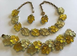 Vintage Lisner Signed " Rare " Yellow Molded Oak Leaf & Rhinestone Necklace Set