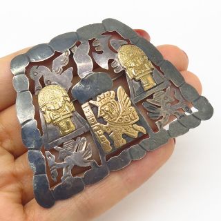 Vtg 925 Sterling Silver / 18k Gold Inca Tribal Design Pin Brooch