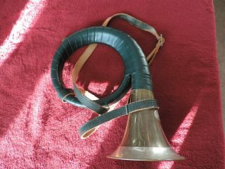 Vintage German Furst - Pless Brass Hunting Bugle Horn With Green Leather Binding