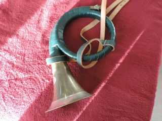 Vintage German Furst - Pless Brass Hunting Bugle Horn with Green Leather Binding 3