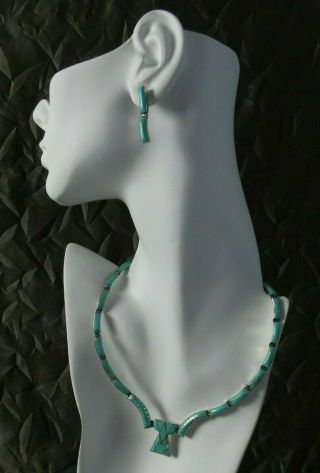 Vintage 1970s Mexico Sterling Silver Turquoise Necklace & Earring Set