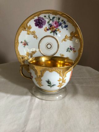 Antique KPM Porcelain Neuzierat Dresden Floral Heavy Raised Gold Tea Cup Saucer 5