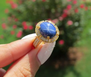 Vintage 18k Solid Yellow Gold Blue Star Sapphire & White Topaz Ring Size 6.  5