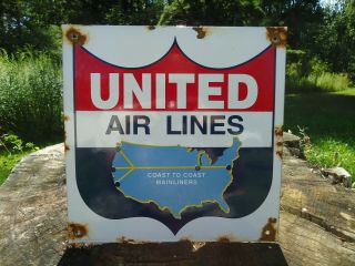 Old Vintage United Air Lines Airplane Porcelain Airport Mainliners Sign