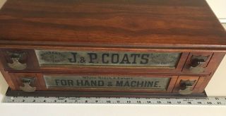 J & P COATS Antique Wooden Spool Cabinet 2 Drawers 10