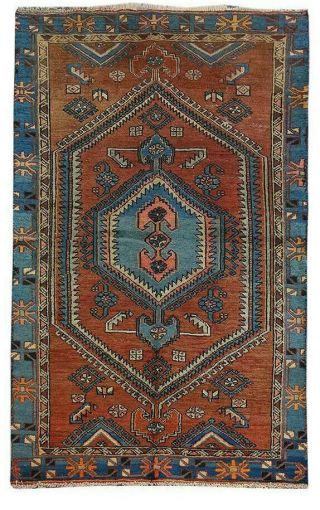 Hand Knotted Oriental Geometric Vintage Blue & Orange Wool Turkish Area Rug