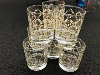 Vintage Set Of 8 Lowball Drinking Glasses With Lattice Gold Diamonds Mcm Atomic