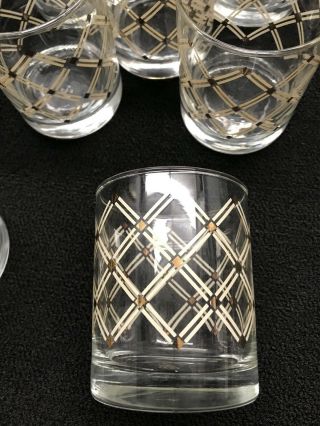Vintage Set Of 8 Lowball Drinking Glasses With Lattice Gold Diamonds MCM ATOMIC 4