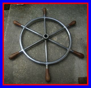 Vintage Solid Brass 23.  5 " Ships Steering Wheel Wood Handle Grips Nautical Decor