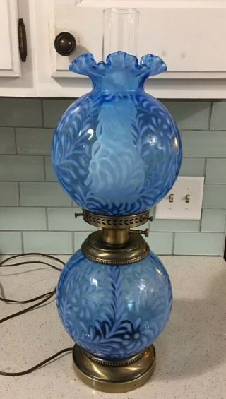 Rare Fenton Blue Gone With The Wind Opalescence L.  G.  Wright Daisy Fern Lamp 21”