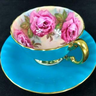 1930s Vintage Aynsley Large Cabbage Rose Turquoise Cup And Saucer 1031