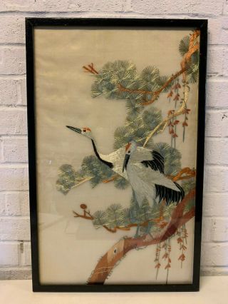 Vintage Antique Japanese Framed Silk Embroidery Art 2 Cranes Birds On A Tree