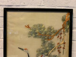 Vintage Antique Japanese Framed Silk Embroidery Art 2 Cranes Birds on a Tree 2