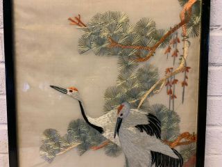 Vintage Antique Japanese Framed Silk Embroidery Art 2 Cranes Birds on a Tree 3