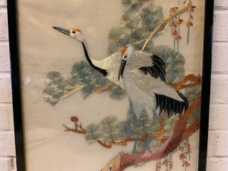 Vintage Antique Japanese Framed Silk Embroidery Art 2 Cranes Birds on a Tree 4