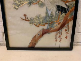 Vintage Antique Japanese Framed Silk Embroidery Art 2 Cranes Birds on a Tree 5