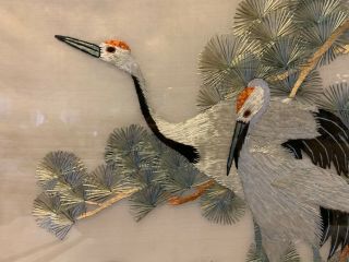 Vintage Antique Japanese Framed Silk Embroidery Art 2 Cranes Birds on a Tree 6