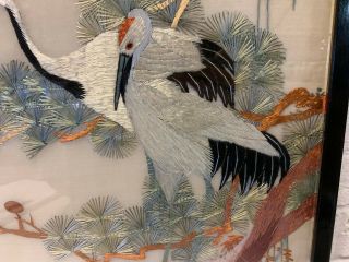 Vintage Antique Japanese Framed Silk Embroidery Art 2 Cranes Birds on a Tree 7