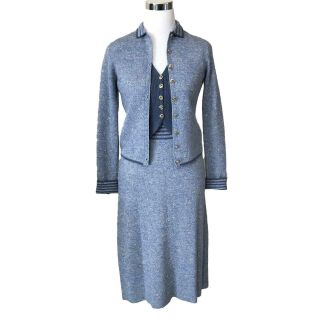 Vintage St John Marie Gray Knit Skirt Suit 3 Piece Womens Xs ? Blue 1970s