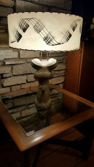 Antique Mid Century Modern Stylized Ceramic Ram Lamp W/ Vintage Fiberglass Shade